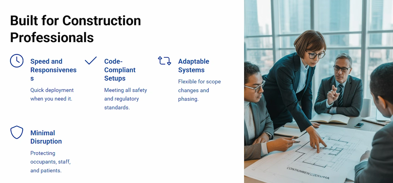 Temporary wall service solutions for construction professionals, featuring a diverse team collaborating over project plans, emphasizing speed, adaptability, and minimal disruption.