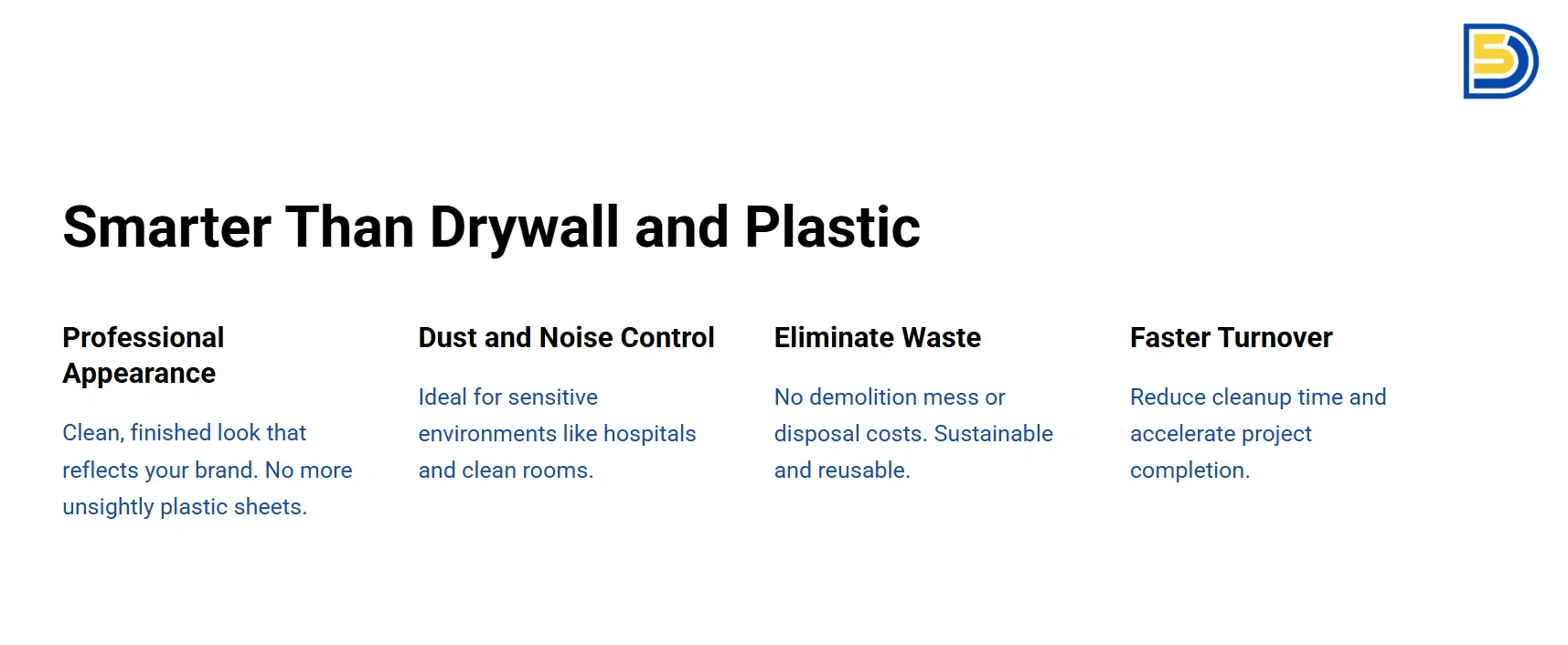 Smarter than drywall and plastic sheeting, showcasing professional appearance, dust and noise control, waste elimination, and faster project turnover for construction containment solutions.