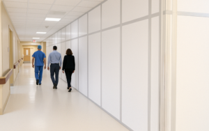 Modular containment wall system installed in a hospital hallway to meet ICRA compliance standards