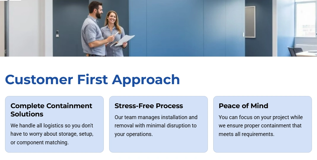 Two professionals discussing construction containment solutions in a modern office setting, highlighting a customer-first approach with emphasis on logistics management, stress-free processes, and peace of mind for clients.