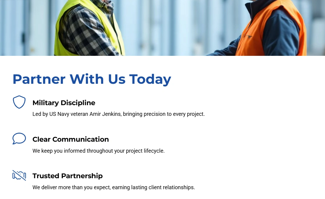 Construction professionals shaking hands, symbolizing partnership and trust in construction containment services, emphasizing military discipline and clear communication.
