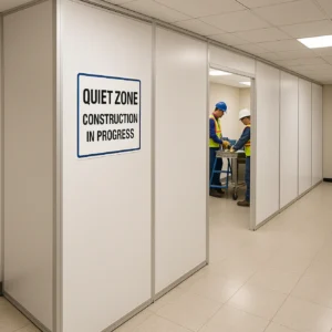 Temporary wall panels in a construction area labeled "Quiet Zone" with workers engaged in tasks, emphasizing noise control during renovations.