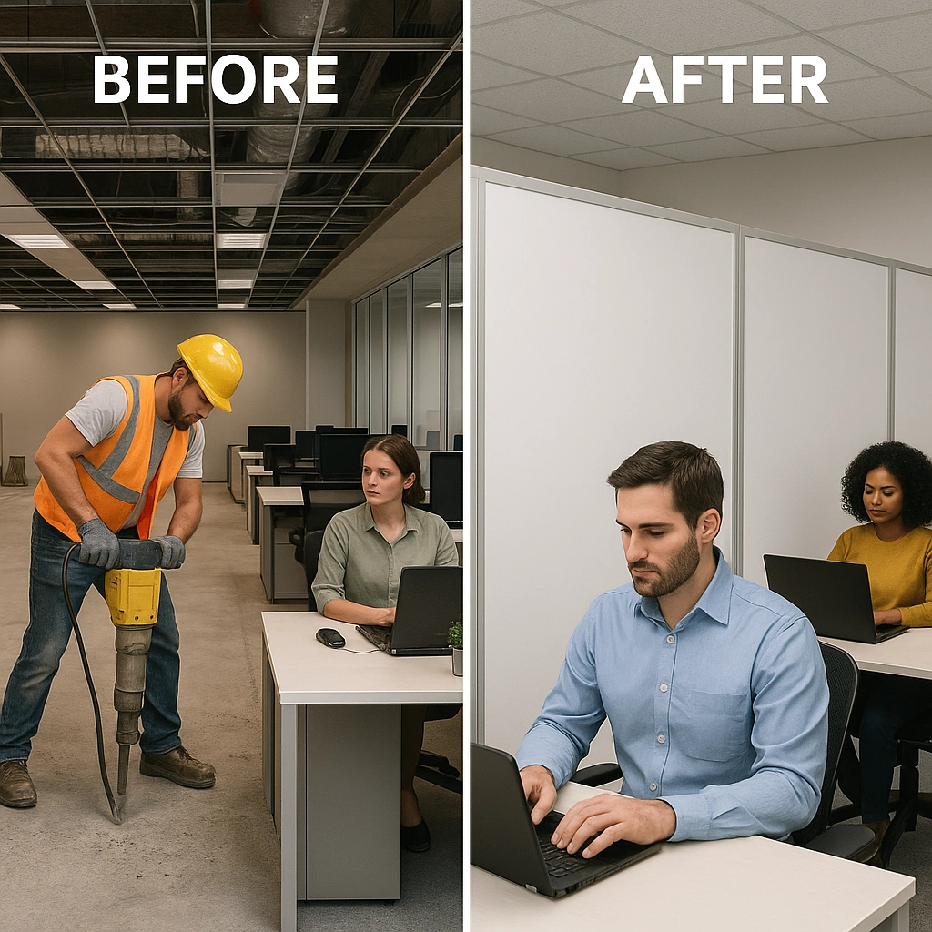 Before and after comparison of a construction site in an office environment, showcasing a worker using a jackhammer on the left and three individuals focused on laptops in a quiet workspace with temporary wall panels on the right, emphasizing noise reduction and enhanced productivity.