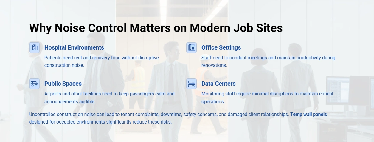Modern job site overview highlighting noise control importance in hospitals, offices, public spaces, and data centers, with emphasis on temporary wall panels reducing construction noise disruptions.