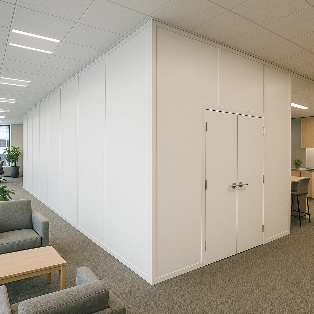 Modular temporary wall solution in an office setting, featuring a smooth white partition with double doors, designed for flexible workspace reconfiguration during renovations.