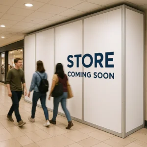 Temporary wall installation in a shopping mall, featuring a "STORE COMING SOON" sign, with pedestrians walking by, illustrating modular containment solutions for commercial renovations.
