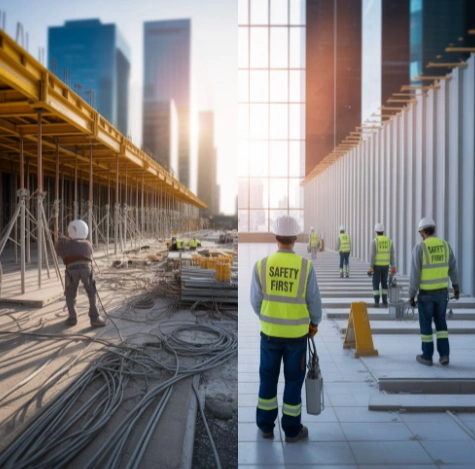 Construction workers in safety vests on a renovation site, emphasizing safety protocols in urban environments, showcasing modular containment systems for efficient and safe renovations.