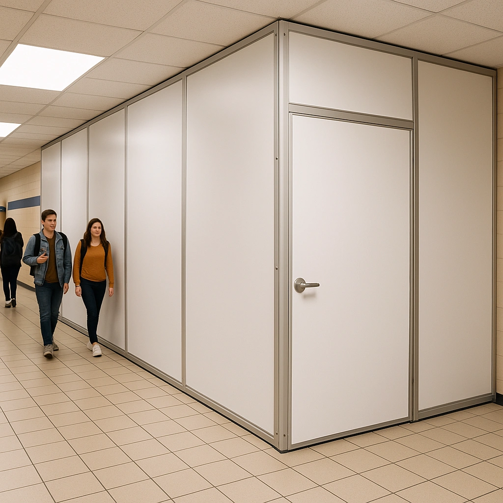 Temporary wall system in a school hallway, featuring smooth white panels and a door, with students walking by, illustrating minimal disruption during renovations.