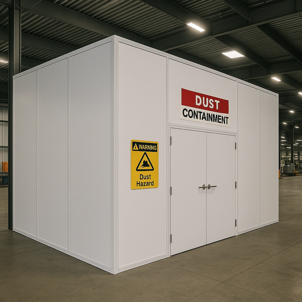 Dust containment wall structure with warning sign, designed for industrial environments to enhance safety and compliance during construction and maintenance activities.