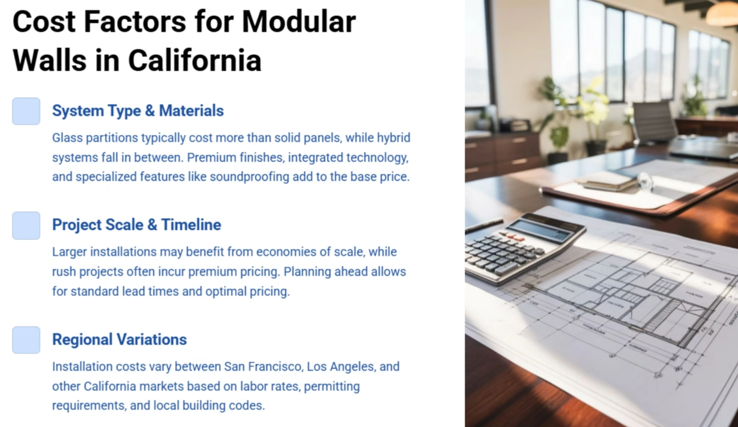 Cost factors for modular walls in California, featuring architectural plans, a calculator, and a professional workspace, emphasizing project scale and materials.