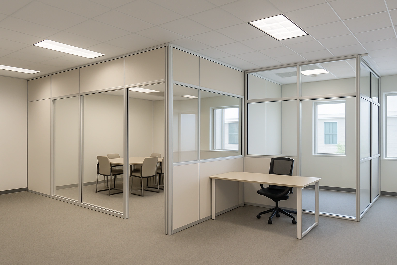 Modern office space featuring temporary modular walls, glass panels, and a meeting area with a table and chairs, emphasizing flexibility and customizability in design for efficient workspace solutions.