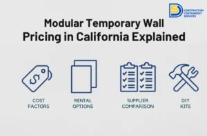 Modular temporary wall pricing infographic highlighting cost factors, rental options, supplier comparison, and DIY kits, related to construction containment services in California.