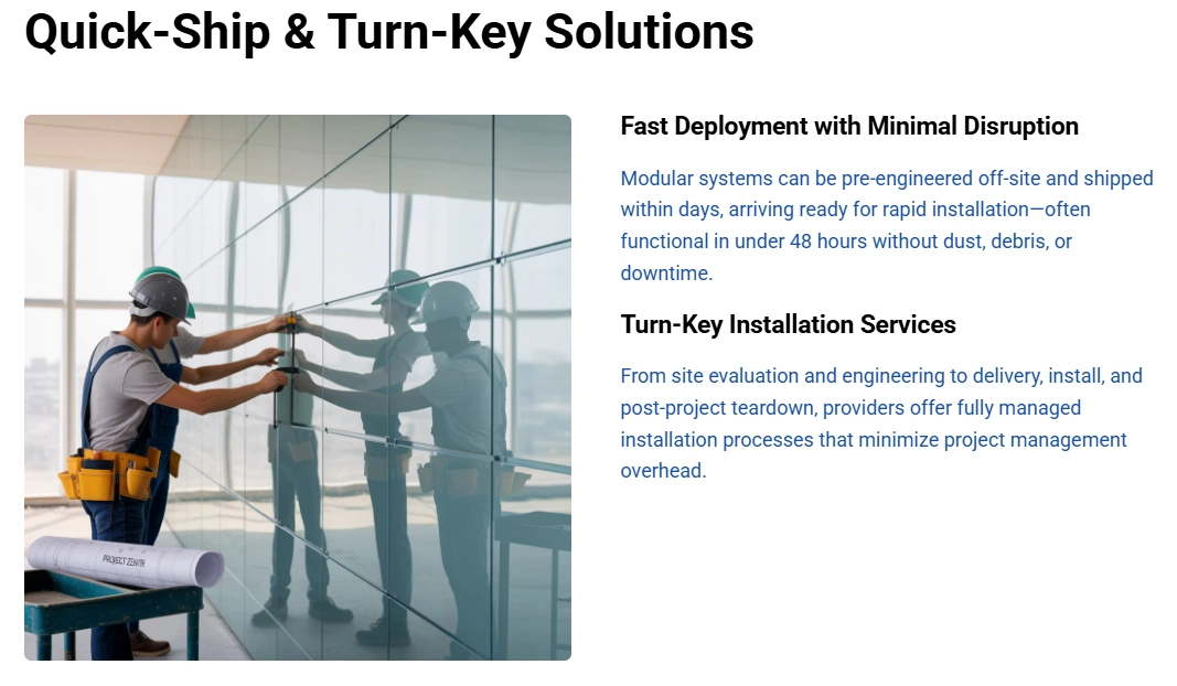 Worker installing modular glass wall system in office space, demonstrating quick-ship and turn-key solutions for minimal disruption during renovations.