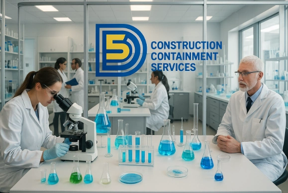 Researchers working in a modern science lab divided by temporary wall glass partitions with the 5D Construction Containment Services logo