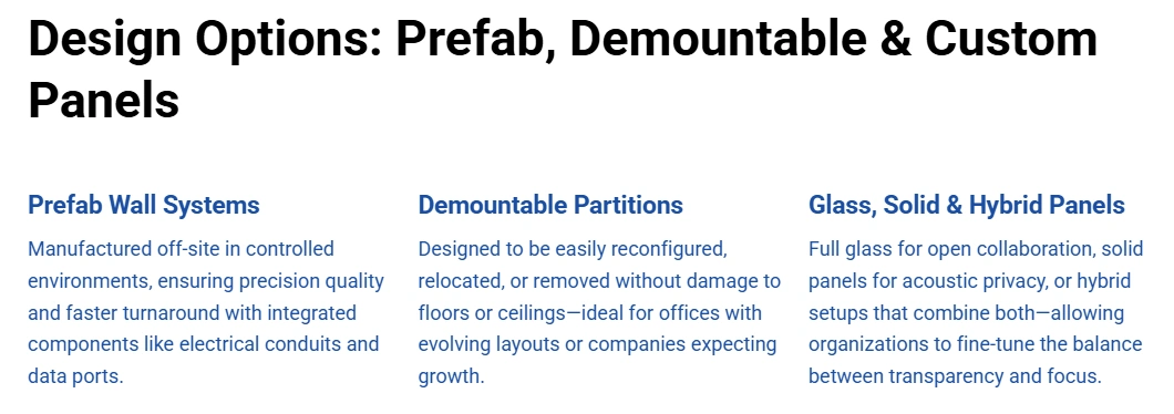 Temporary modular wall design options featuring prefab, demountable, and customizable panels for modern office spaces in California, emphasizing flexibility and integration of electrical components.