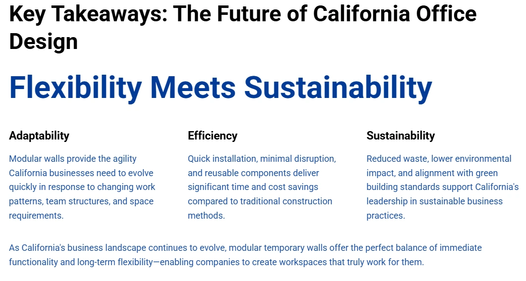 Modular temporary wall systems showcasing flexibility and sustainability, aligning with California's green building standards for adaptable office design.