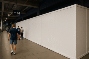 Smooth modular temporary wall system inside a basketball arena concourse separating renovation areas from fans during an event.