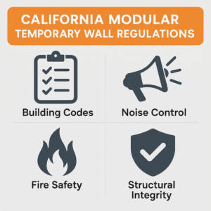 California modular temporary wall regulations infographic highlighting building codes, noise control, fire safety, and structural integrity.