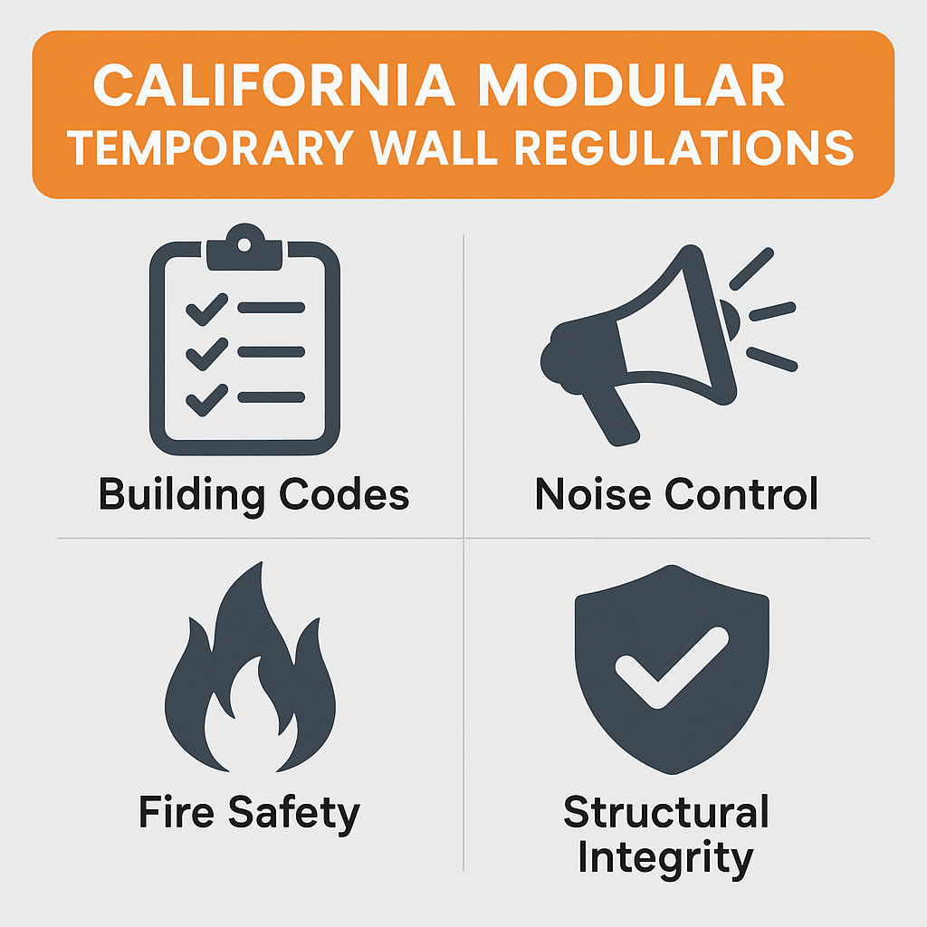 California modular temporary wall regulations infographic highlighting building codes, noise control, fire safety, and structural integrity.