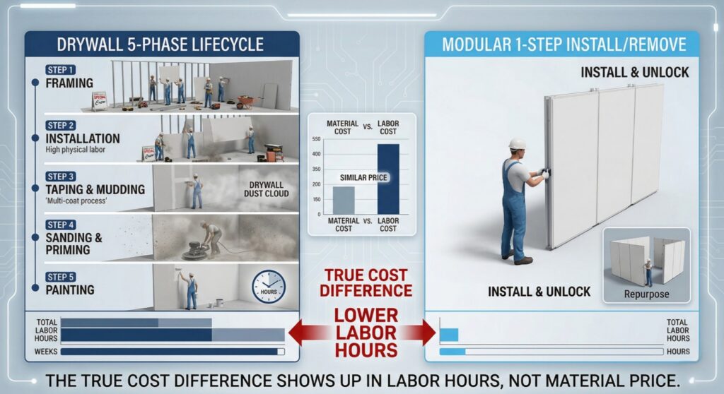 Side-by-side comparison diagram of a drywall 5-phase lifecycle vs. modular temporary wall 1-step installation and removal, focusing on labor hours.