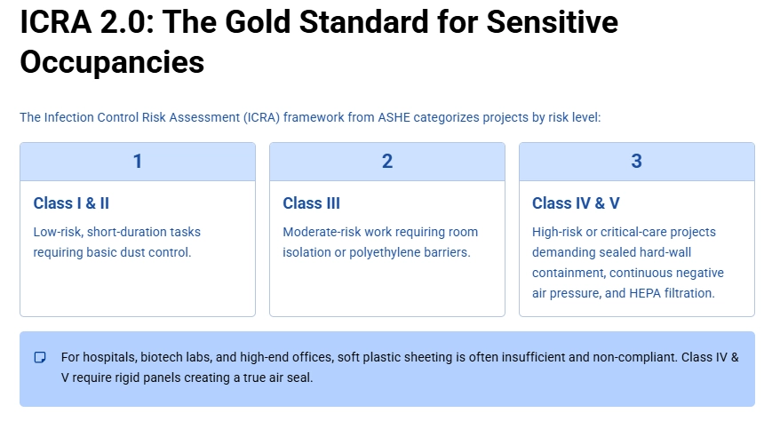 ICRA 2.0 containment class chart showing Class I and II low-risk, Class III moderate-risk, and Class IV and V high-risk requirements for occupied construction projects