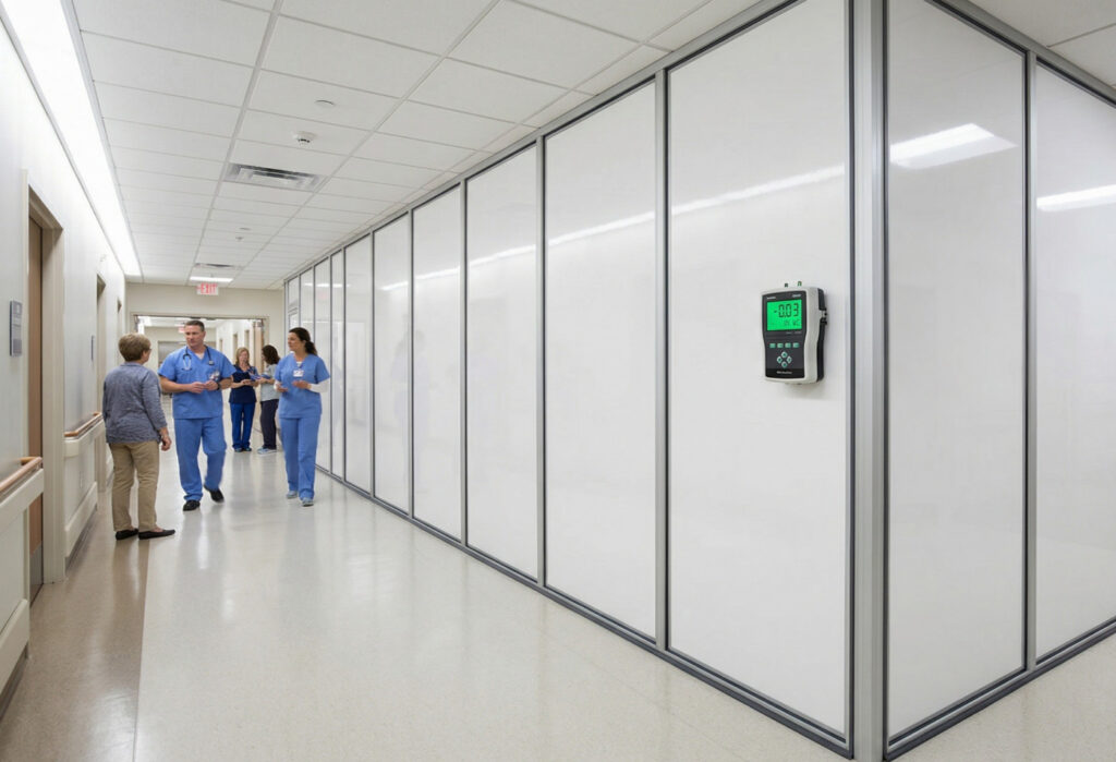 Modular temporary wall containment system installed in an active hospital corridor, with healthcare staff walking nearby and a digital manometer showing active negative air pressure