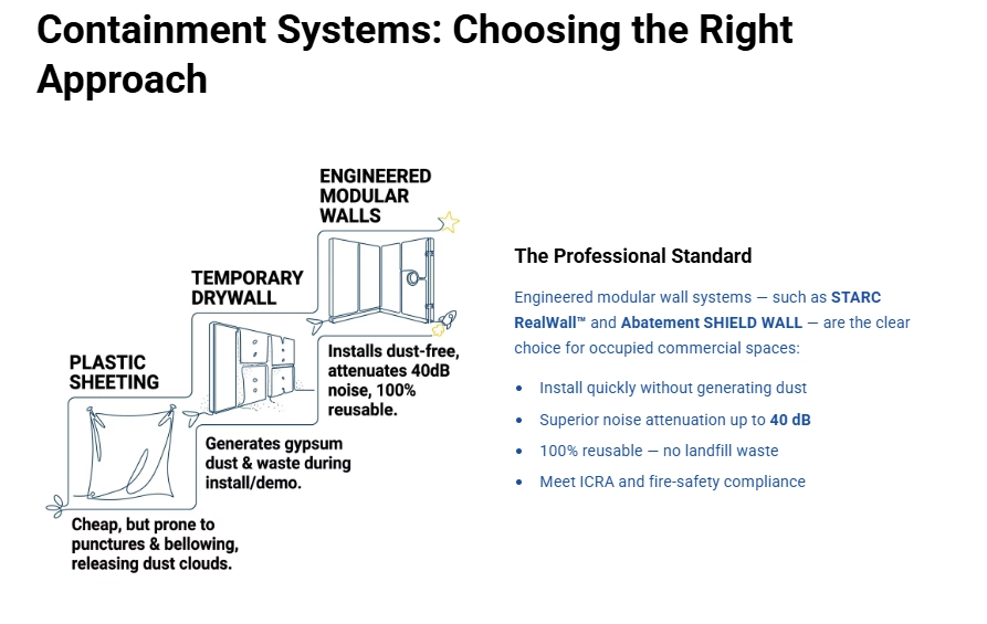 Diagram comparing three containment approaches — plastic sheeting, temporary drywall, and engineered modular wall systems — showing why modular walls are the professional standard for occupied spaces