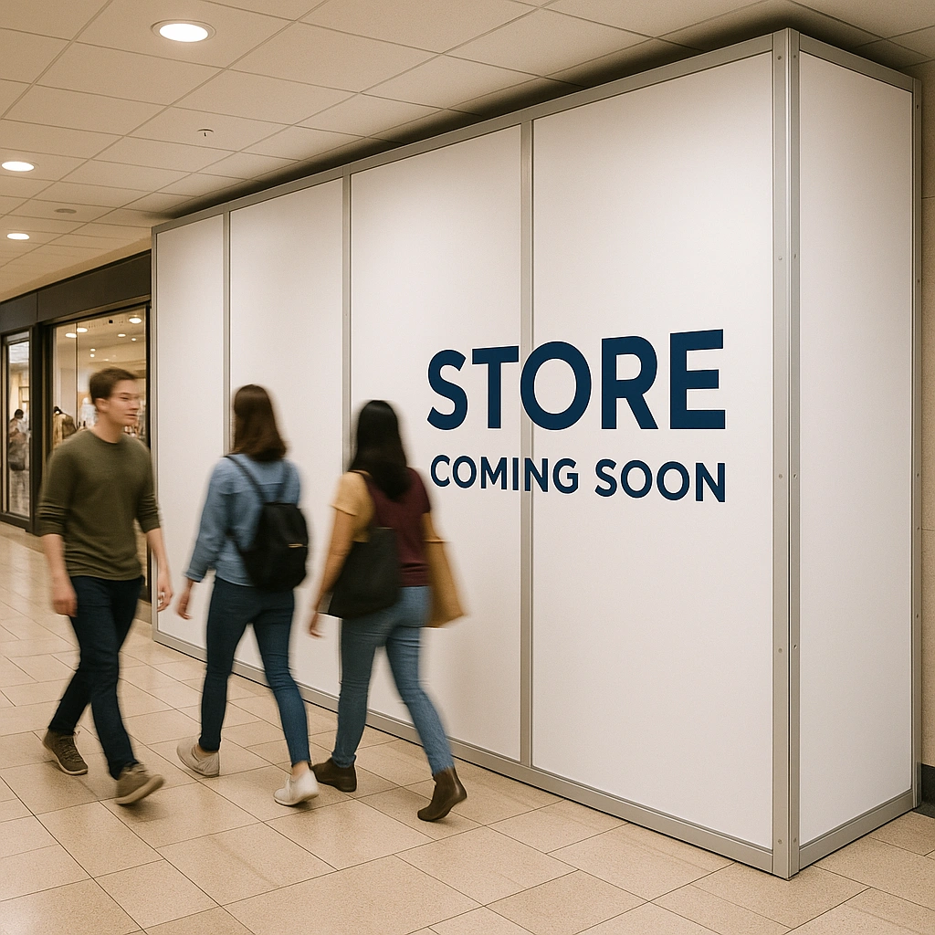 Professional temporary wall panels in active retail environment