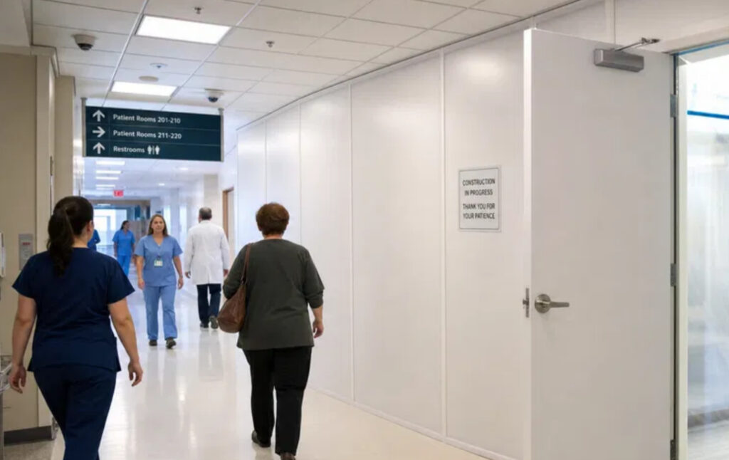 Owners watching temporary wall choices in hospital corridor with modular temporary wall system installed and staff walking past