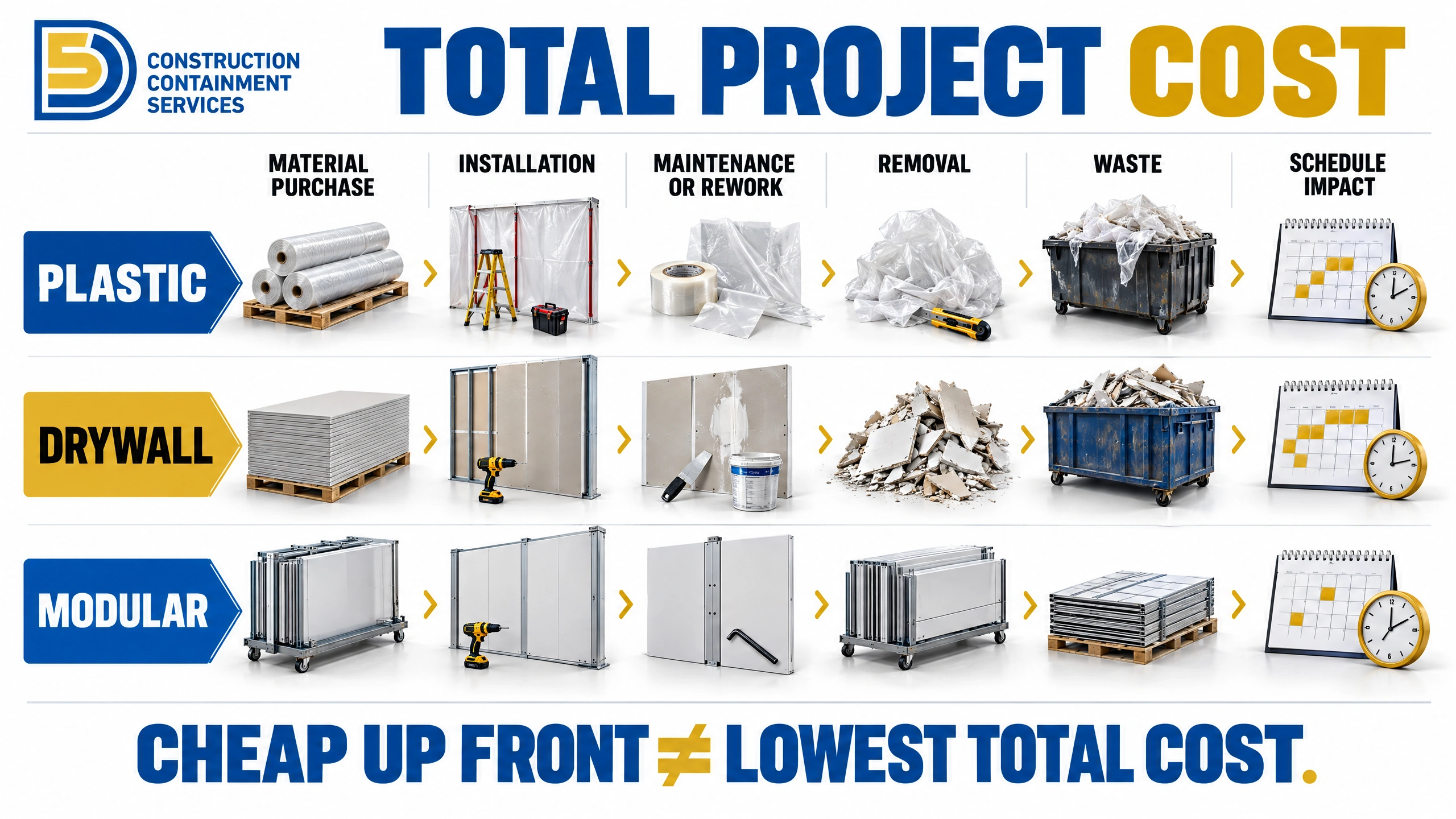 Infographic comparing the lifecycle costs of plastic sheeting, drywall, and modular temporary walls from purchase through removal, waste, and schedule impact