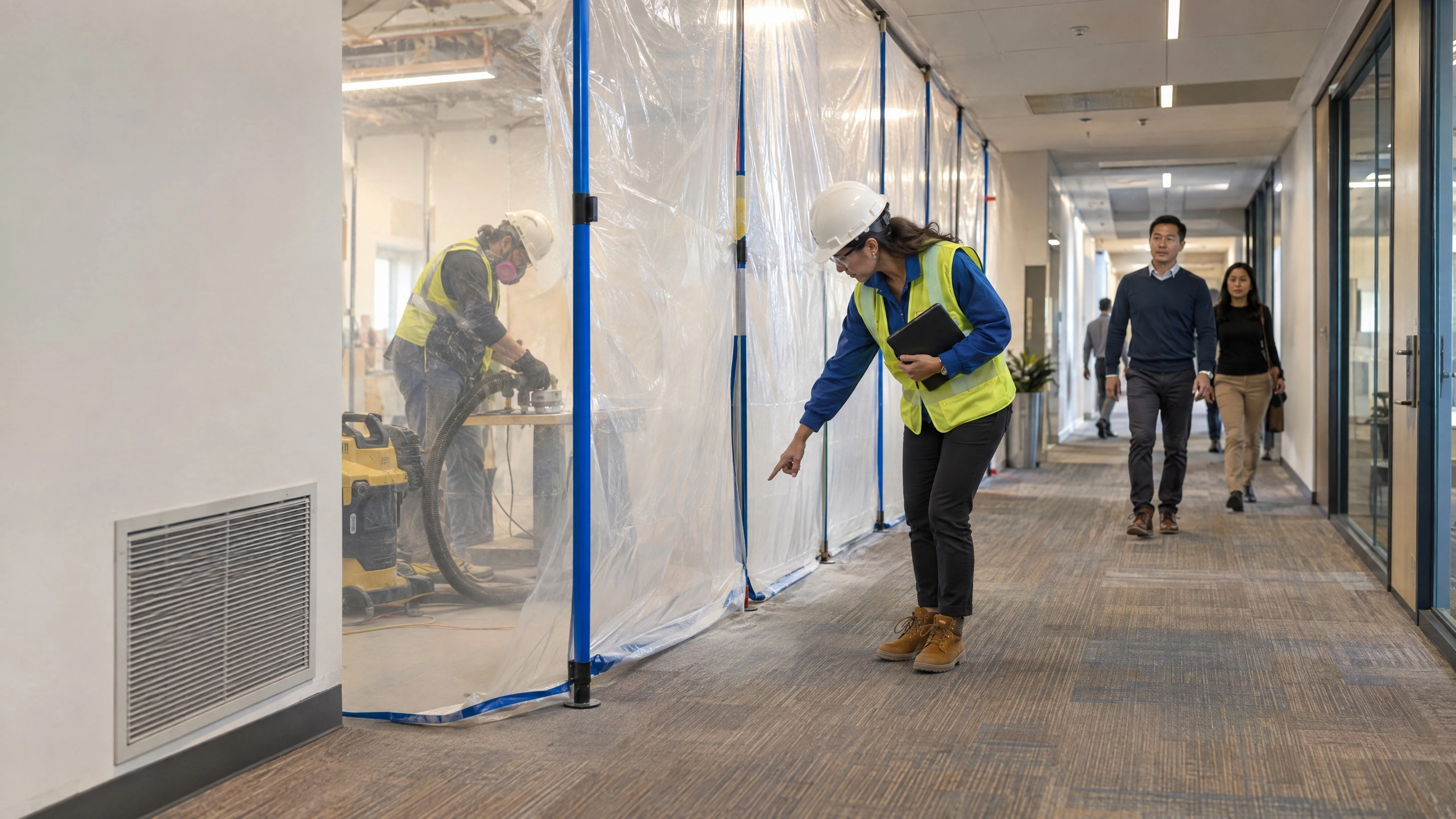 Dust escaping under a loose plastic construction barrier toward an HVAC return grille in an occupied office corridor
