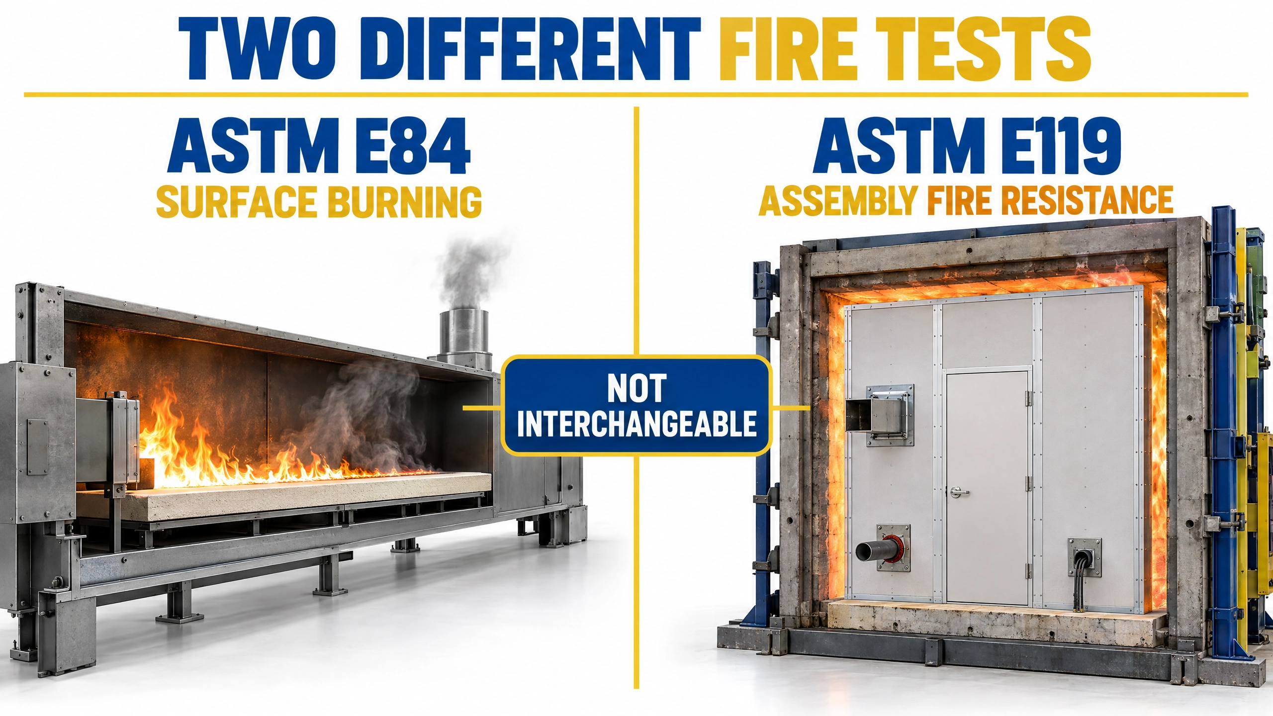Infographic comparing the ASTM E84 surface burning test with the ASTM E119 assembly fire resistance test