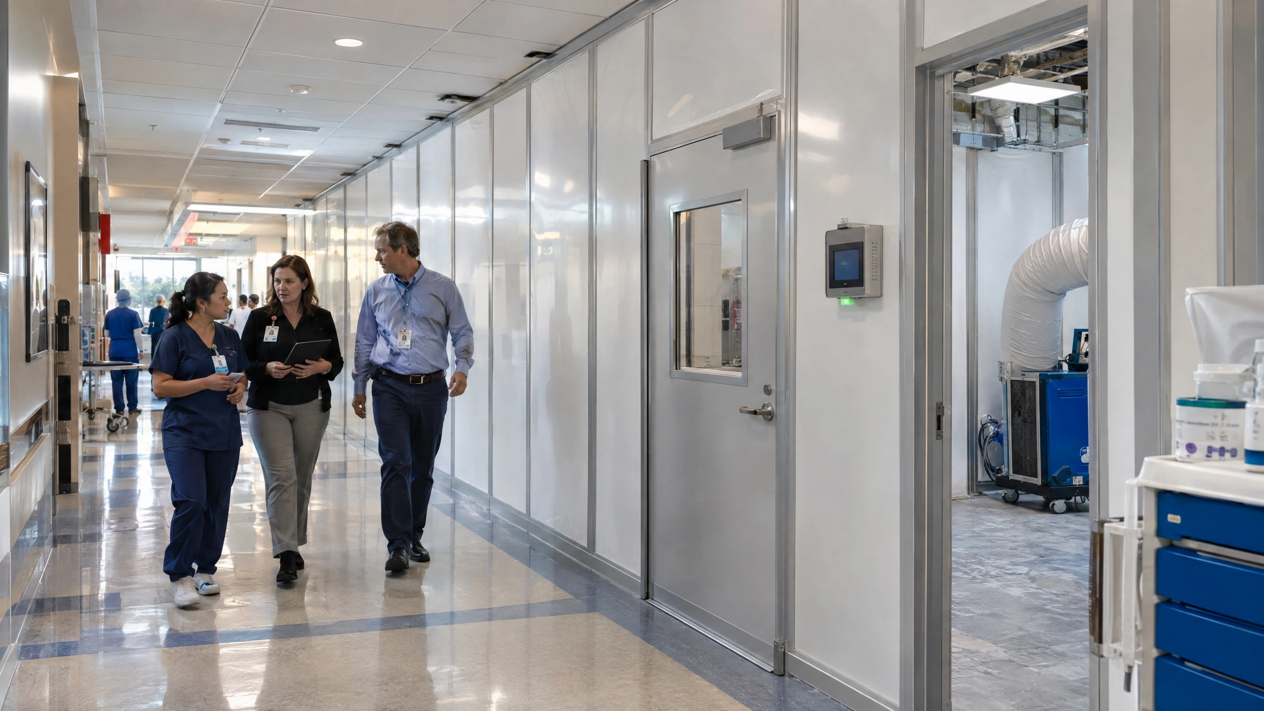 Hospital staff walking past rigid modular healthcare containment with a door, pressure monitor, and negative air equipment