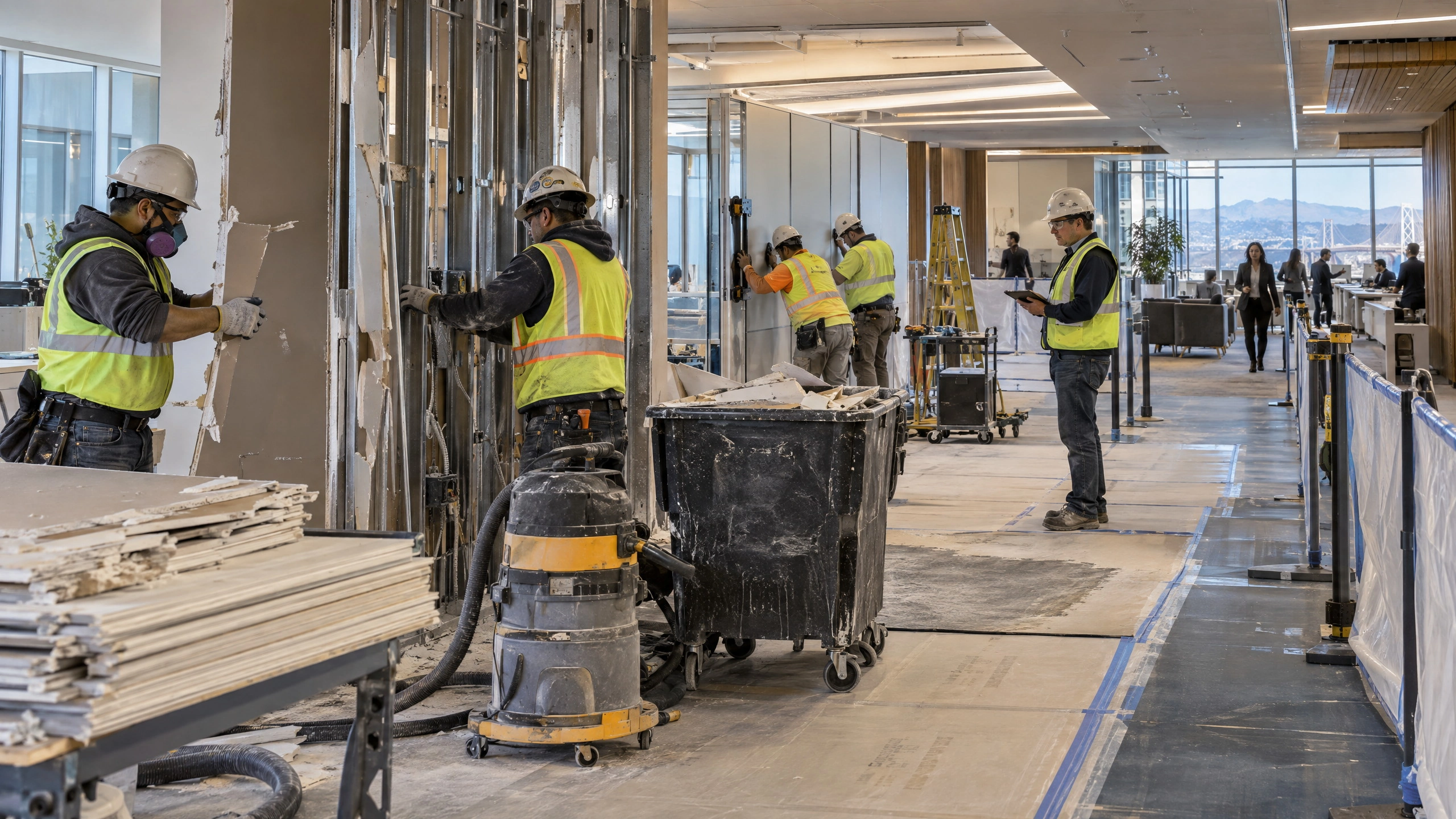 Crews removing temporary drywall and reconfiguring modular panels during a phased office renovation