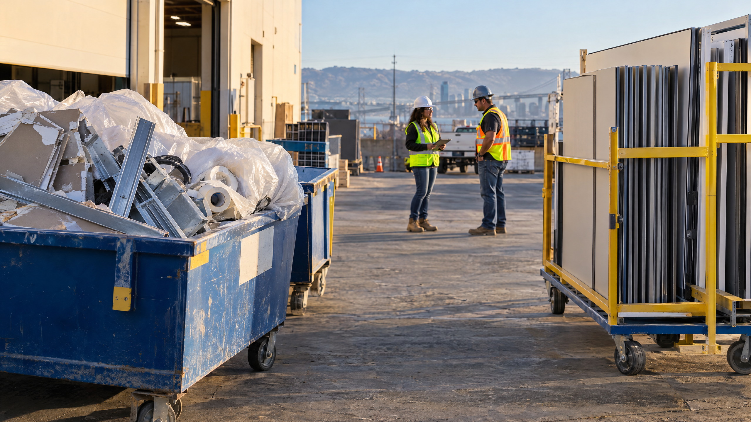 Dumpster of discarded plastic sheeting and drywall beside a cart of reusable modular wall panels at project closeout