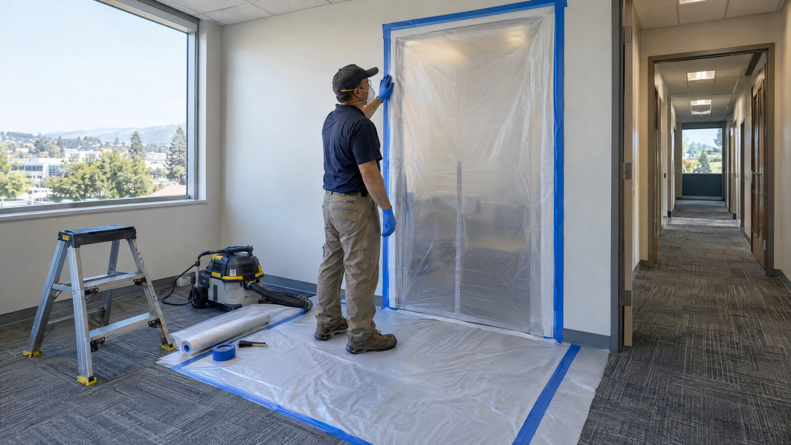 Technician sealing a taped plastic barrier for a short, low-dust task in a quiet office
