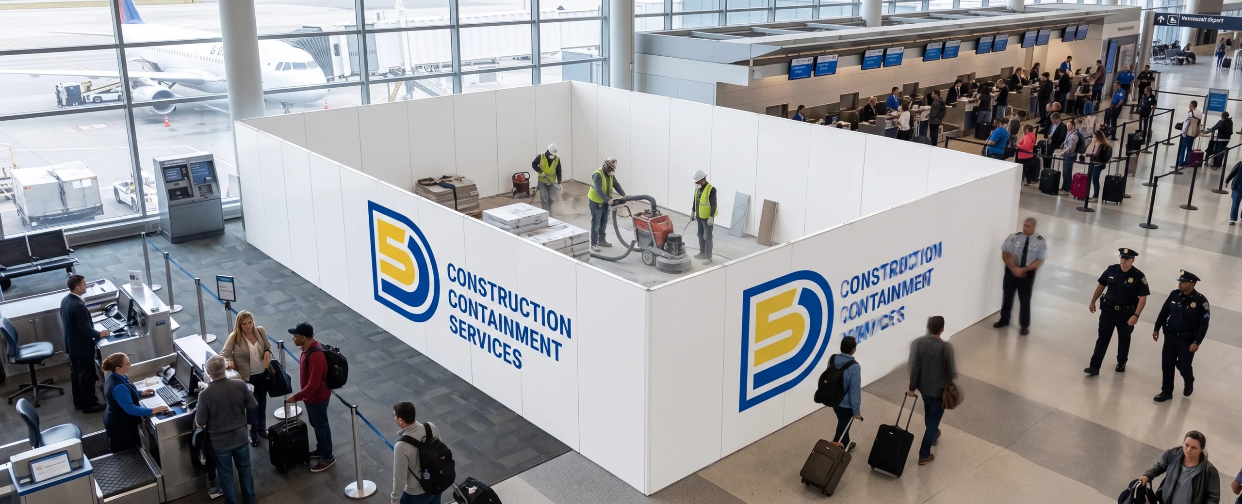 Modular containment enclosure around floor work in an occupied airport terminal