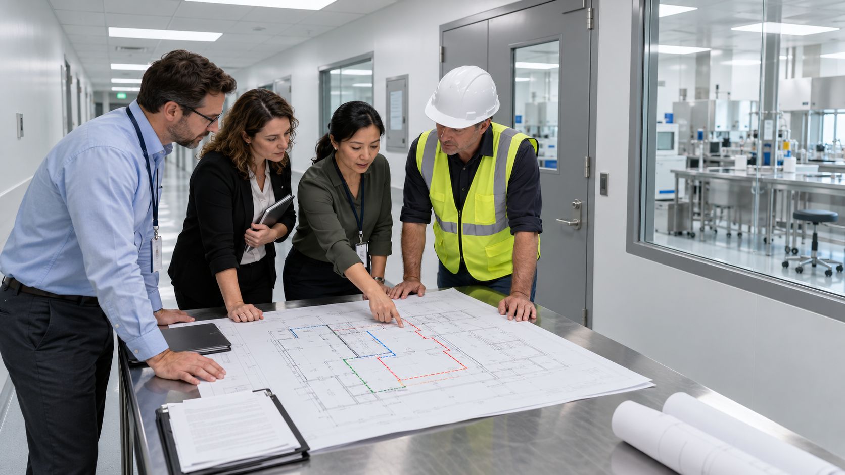 Facilities, quality, safety, and construction professionals reviewing a laboratory containment plan