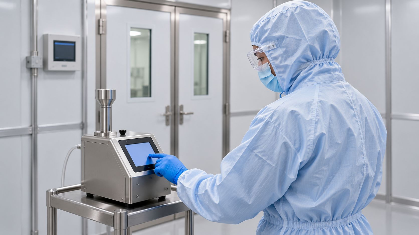 Technician in pale blue coveralls operating an airborne particle counter beside a sealed containment barrier