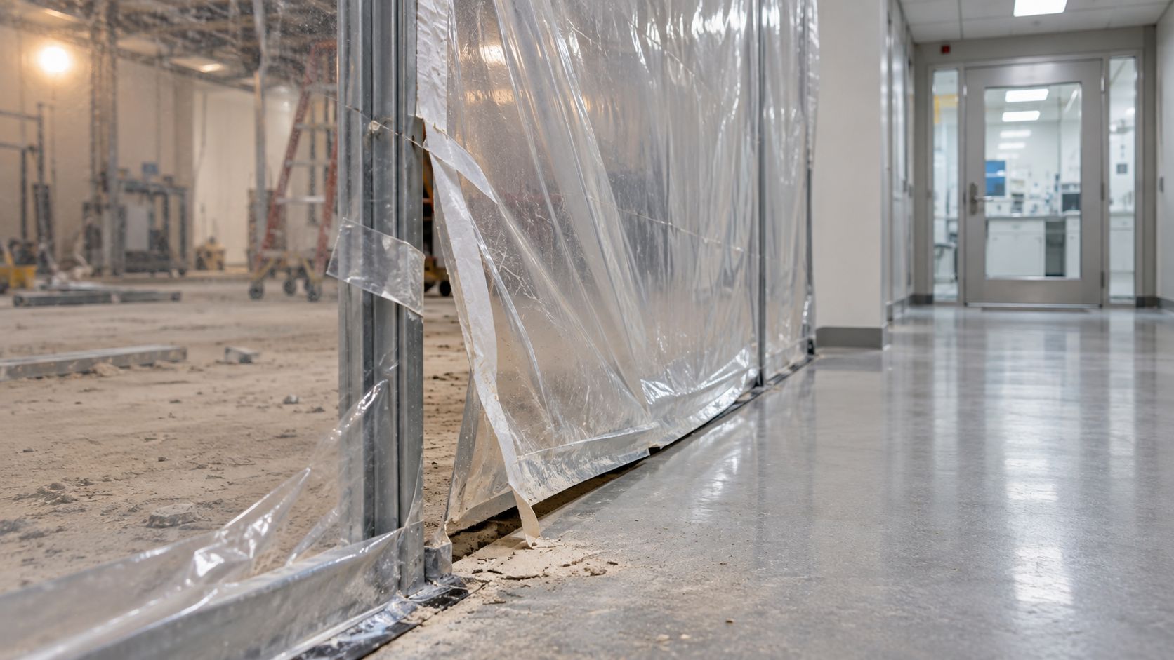 Loose tape, a separating seam, and a floor gap in a plastic construction containment barrier