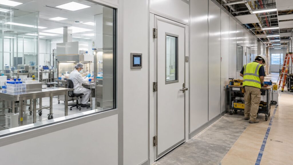 Biotech cleanroom construction containment wall separating an operating laboratory from renovation work