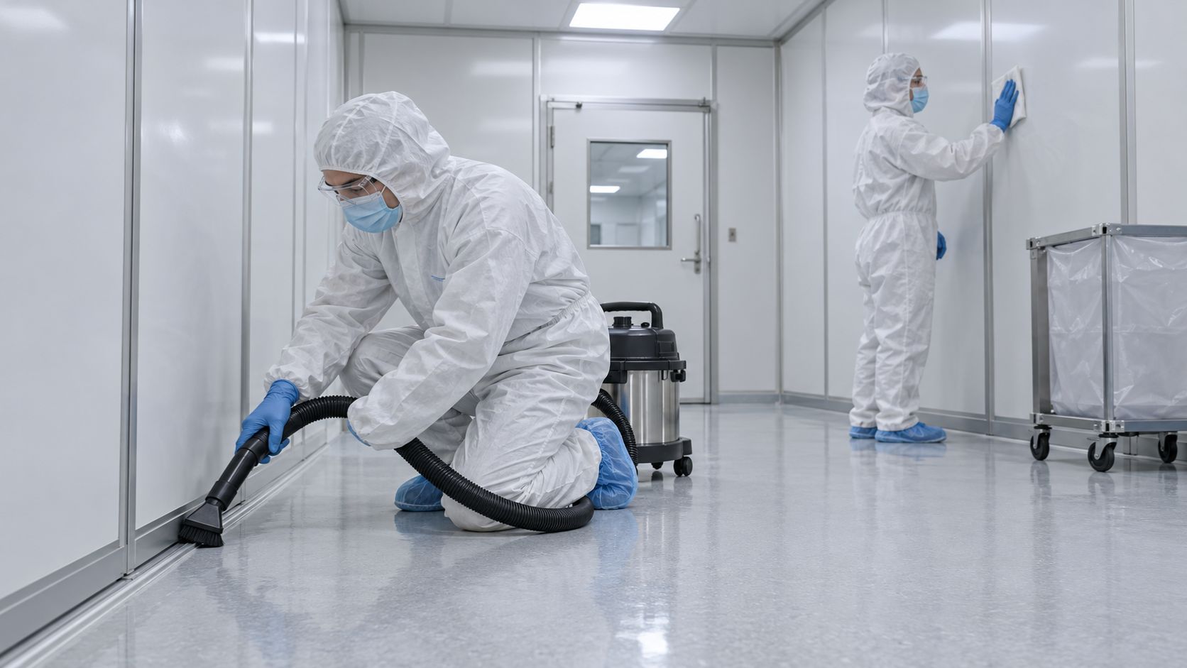Two technicians vacuuming a modular wall floor track and wiping a panel during final cleaning
