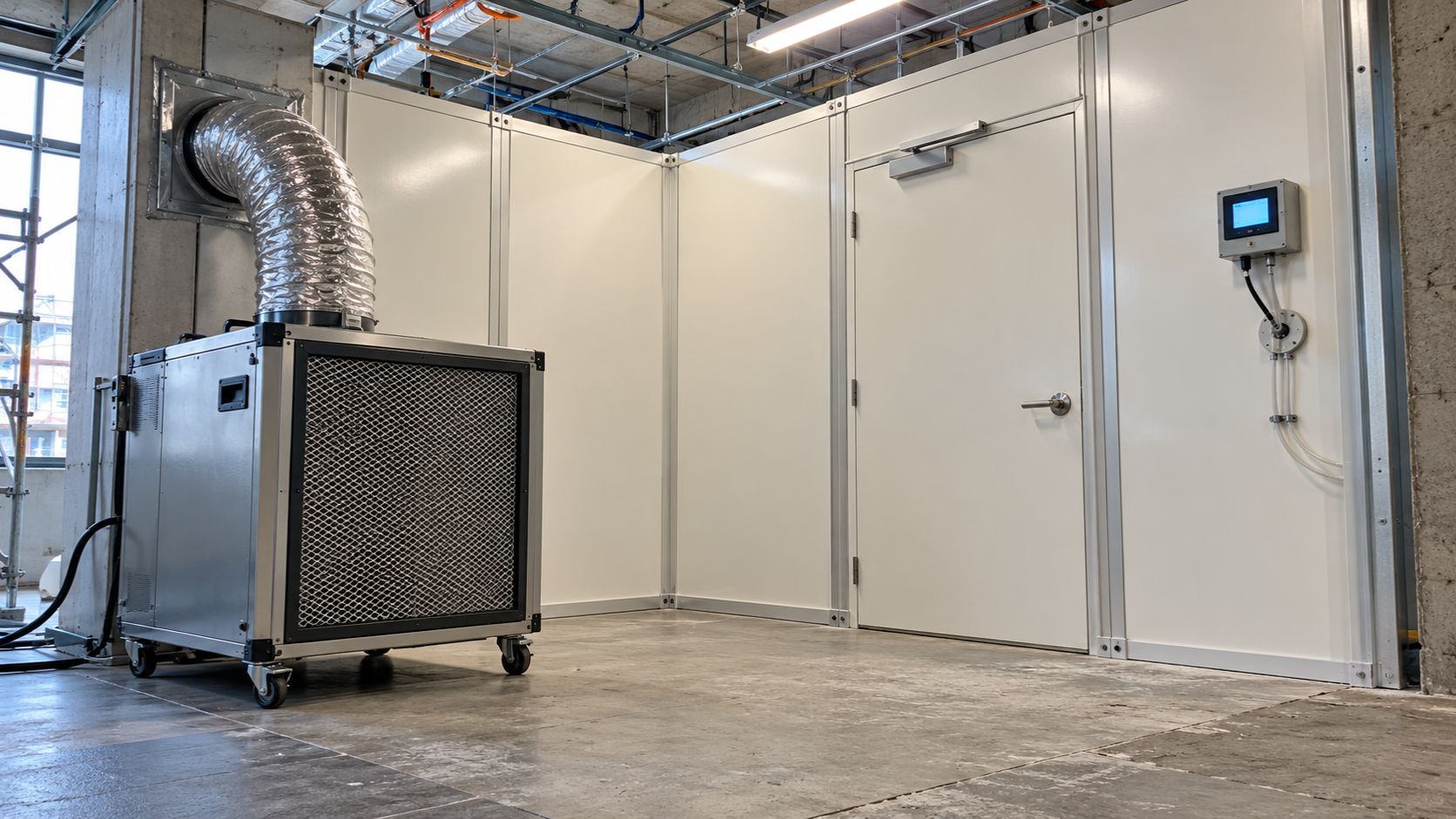 HEPA negative air machine beside an L-shaped modular containment wall and differential pressure monitor