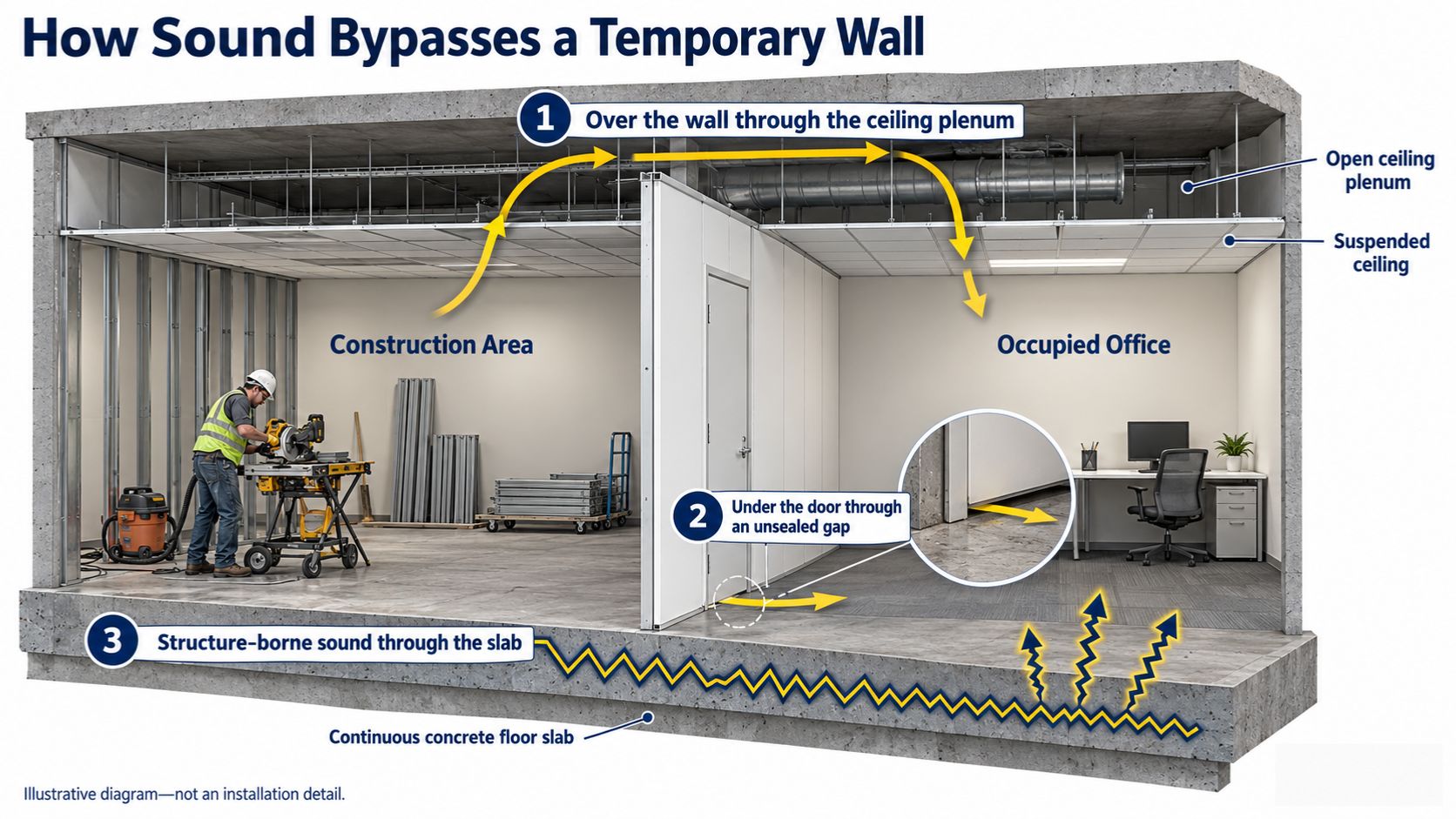 Diagram showing sound bypassing a temporary wall through the ceiling plenum, beneath the door, and through the concrete floor slab.
