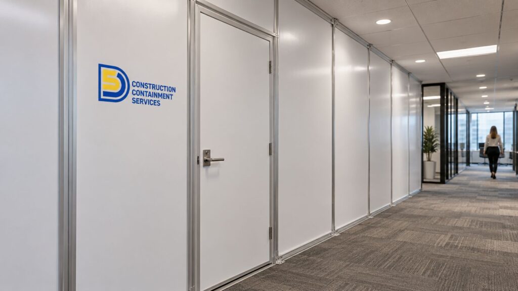 Temporary wall separating a renovation from an occupied office corridor