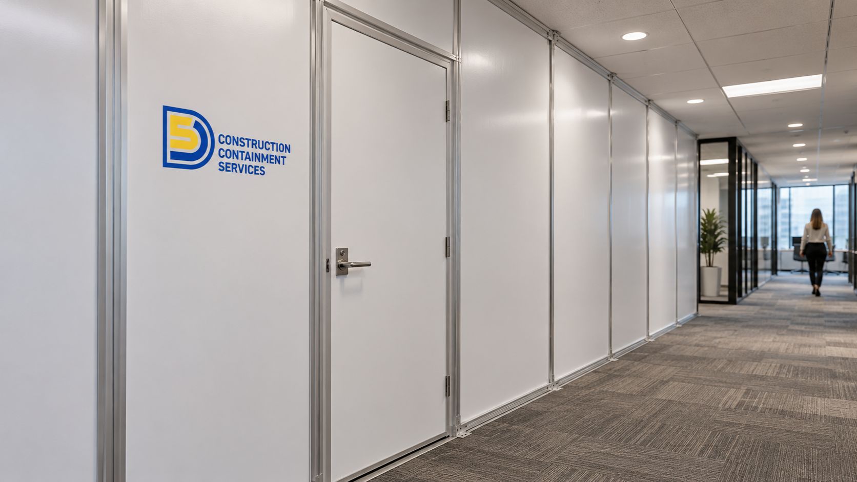 White modular temporary containment wall with 5DCCS branding beside an occupied office corridor.